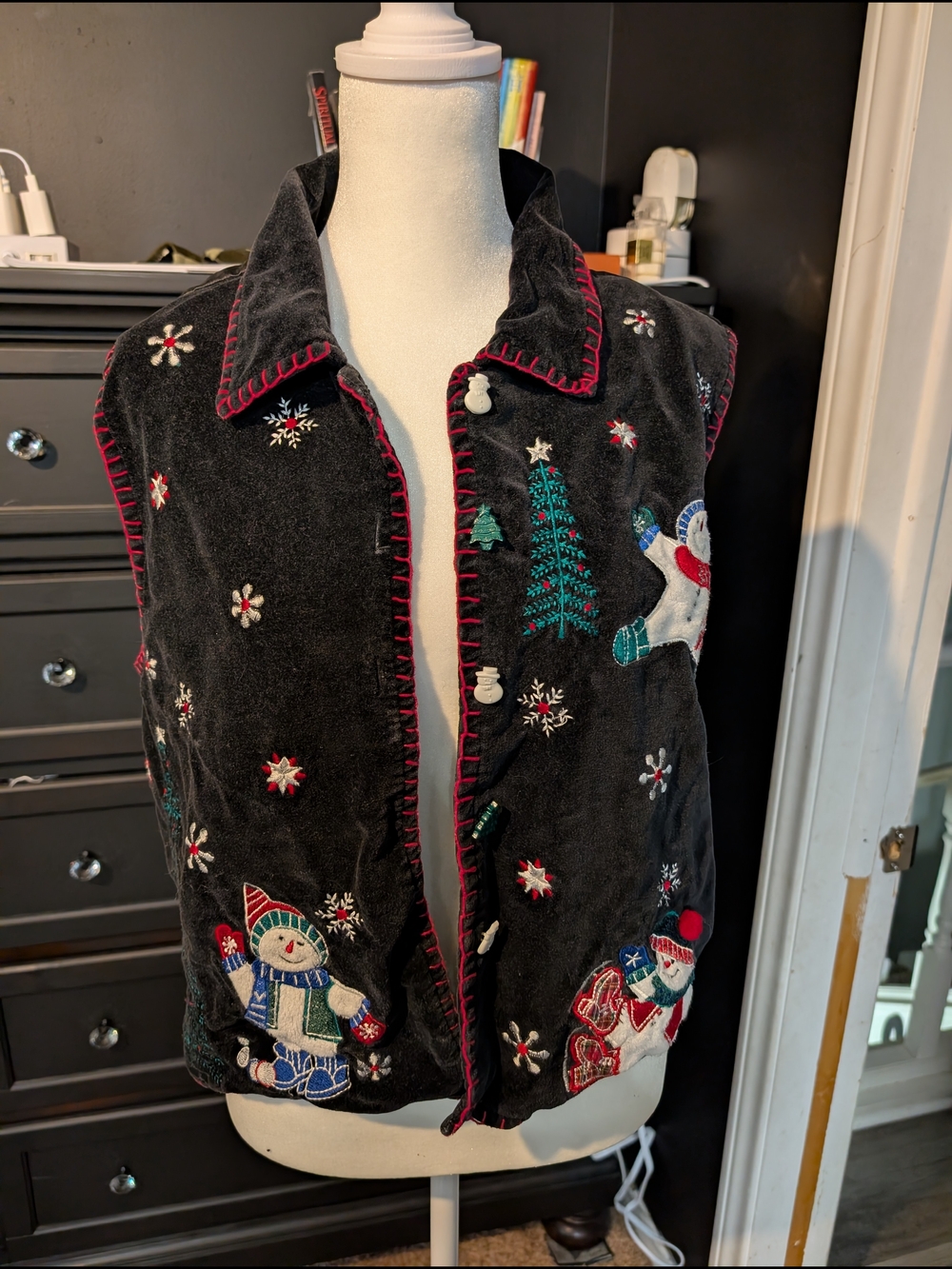 Tantrums Black Holiday Embroidered Fleece Vest with Red Trim